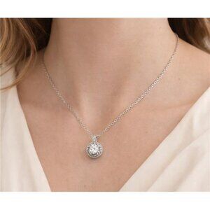 Premier Designs CZ Halo Pendant Necklace Silver Tone 12mm Round Adjustable 18in